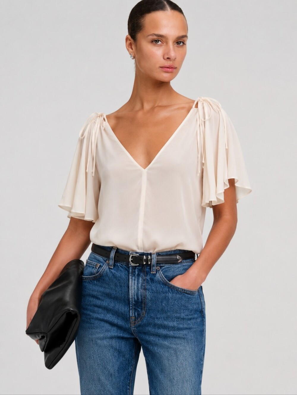 A.L.C. Cream Silk Tie Shoulder Flutter Sleeve V-Neck Blouse